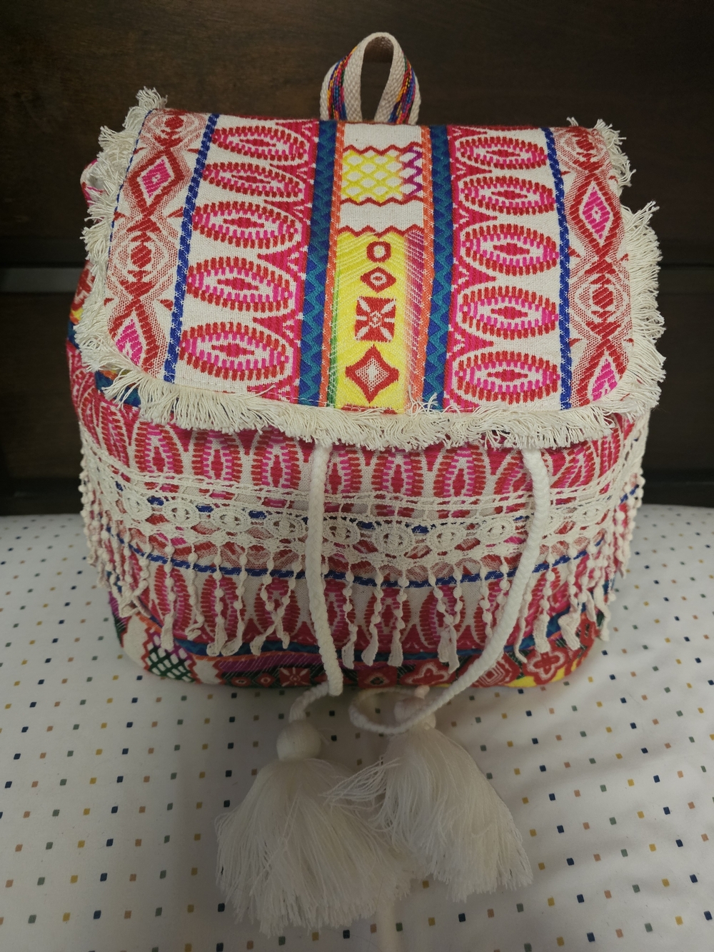 Boho Fringe Drawstring Backpack - Pink Multicolor